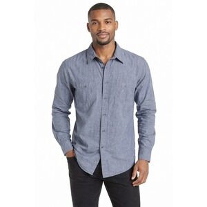 PD&C Chambray Micro Stripe Long Sleeve‎ Button Down Shirt Dual Pocket L 77-20